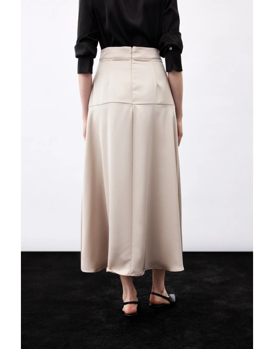 Yüksek Bel Saten Etek - Vizon