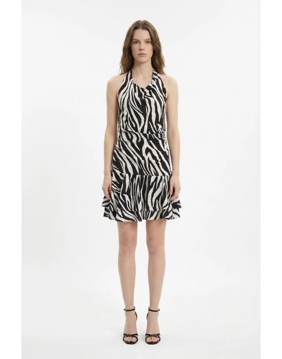 Zebra Desenli Halter Yaka Mini Elbise Kahverengi