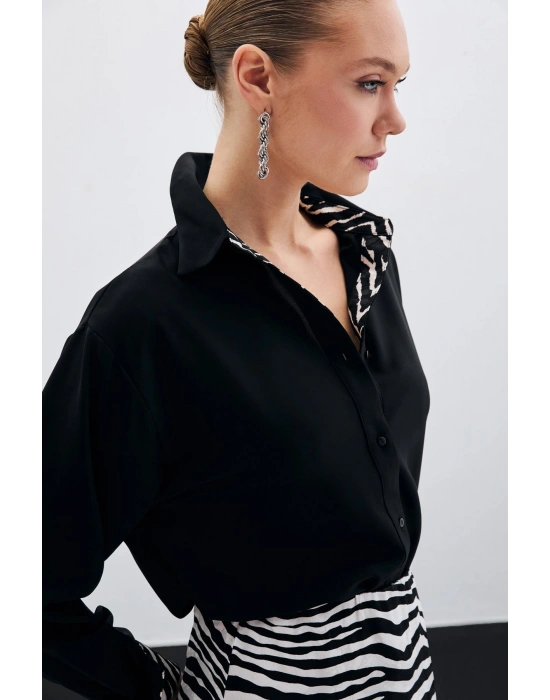 Zebra Desenli Klasik Gömlek - SİYAH