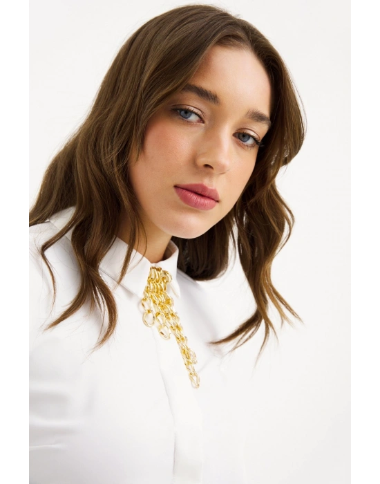 Zincir Aksesuarlı Düz Gömlek - Ekru