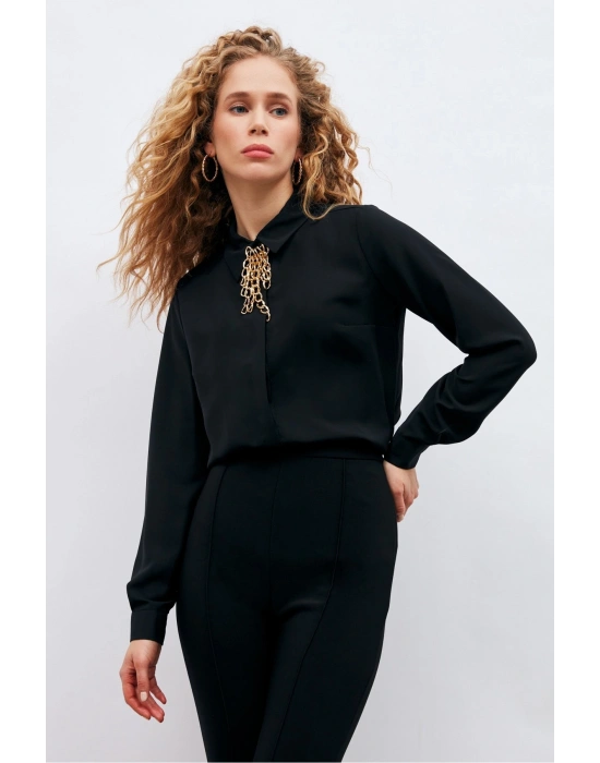 Zincir Aksesuarlı Düz Gömlek - Siyah