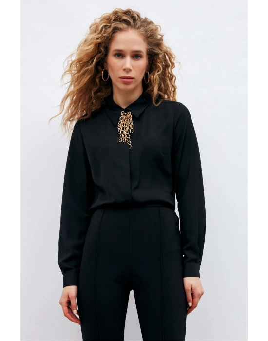 Zincir Aksesuarlı Düz Gömlek - Siyah