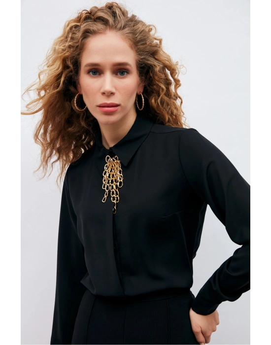 Zincir Aksesuarlı Düz Gömlek - Siyah
