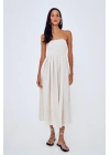 Straplez Detaylı Uzun Keten Elbise Naturel