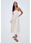 Straplez Detaylı Uzun Keten Elbise Naturel