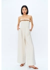 Kemerli Geniş Paça Straplez Keten Tulum Naturel