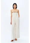 Kemerli Geniş Paça Straplez Keten Tulum Naturel