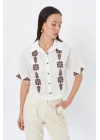 Etnik Desenli Kısa Kol Beyaz Gömlek 34164
