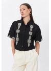Etnik Desenli Kısa Kol Siyah Gömlek 34164