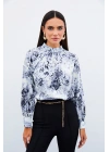 Dik Yaka Desenli Bluz - SİYAH