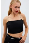 Taş Askılı Saten Crop Bluz - SİYAH