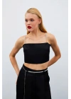 Taş Askılı Saten Crop Bluz - SİYAH