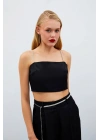 Taş Askılı Saten Crop Bluz - SİYAH