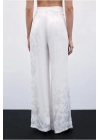 Jakarlı Bol Paça Pantolon - Ekru