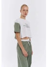 Match Detaylı Çizgili Crop Tişört Beyaz