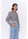 Kareli Çift Düğmeli Crop Blazer Ceket Gri