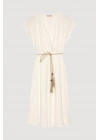 Kemer Detaylı Midiboy Elbise Ekru
