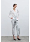 Yüksek Bel Parlak Pantolon - Gümüş