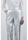 Yüksek Bel Parlak Pantolon - Gümüş