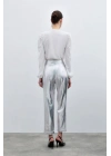 Yüksek Bel Parlak Pantolon - Gümüş