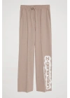 Paçası Yazılı Beli Lastikli Çizgili Pantolon Bej