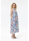 Halter Yaka Çiçek Desenli Uzun Elbise Mavi