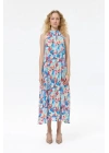 Halter Yaka Çiçek Desenli Uzun Elbise Mavi