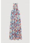 Halter Yaka Çiçek Desenli Uzun Elbise Mavi