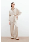 Jakarlı Saten Pantolon - Bej