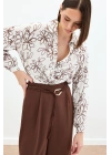 Çiçek Nakışlı Viskon Gömlek - Kahve
