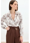 Çiçek Nakışlı Viskon Gömlek - Kahve