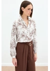 Çiçek Nakışlı Viskon Gömlek - Kahve