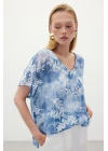 Nakışlı Kısa Kol Bluz - İndigo