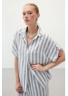 Çizgili Kısa Kol Gömlek - Lacivert
