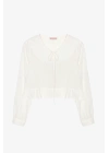 Brode Yaka Bağcıklı Bluz Ekru