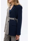 Ekose Garnili Kuşak Detaylı Oversize Blazer Ceket Lacivert
