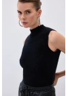 Sıfır Kol Sakallı Triko Bluz Siyah