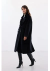 Düğme Detaylı Uzun Kaban - Siyah