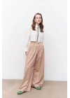 Pile Detaylı Yüksek Bel Pantolon Bej