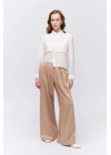 Pile Detaylı Yüksek Bel Pantolon Bej