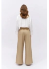Pile Detaylı Yüksek Bel Pantolon Bej
