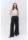 Pile Detaylı Yüksek Bel Pantolon Siyah