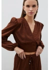 Desenli Kruvaze Saten Bluz - Kahve