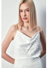 Zincir Askılı Saten Bluz - Ekru