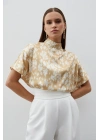 Dik Yaka Desenli Salaş Bluz - Kahve