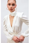Kruvaze Saten Bodysuit Bluz - Ekru