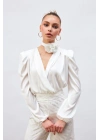 Kruvaze Saten Bodysuit Bluz - Ekru