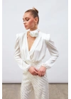 Kruvaze Saten Bodysuit Bluz - Ekru