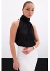 Boğazlı Kolsuz Bluz - Düz Siyah