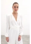 Kruvaze Desenli Bodysuit Bluz - Ekru